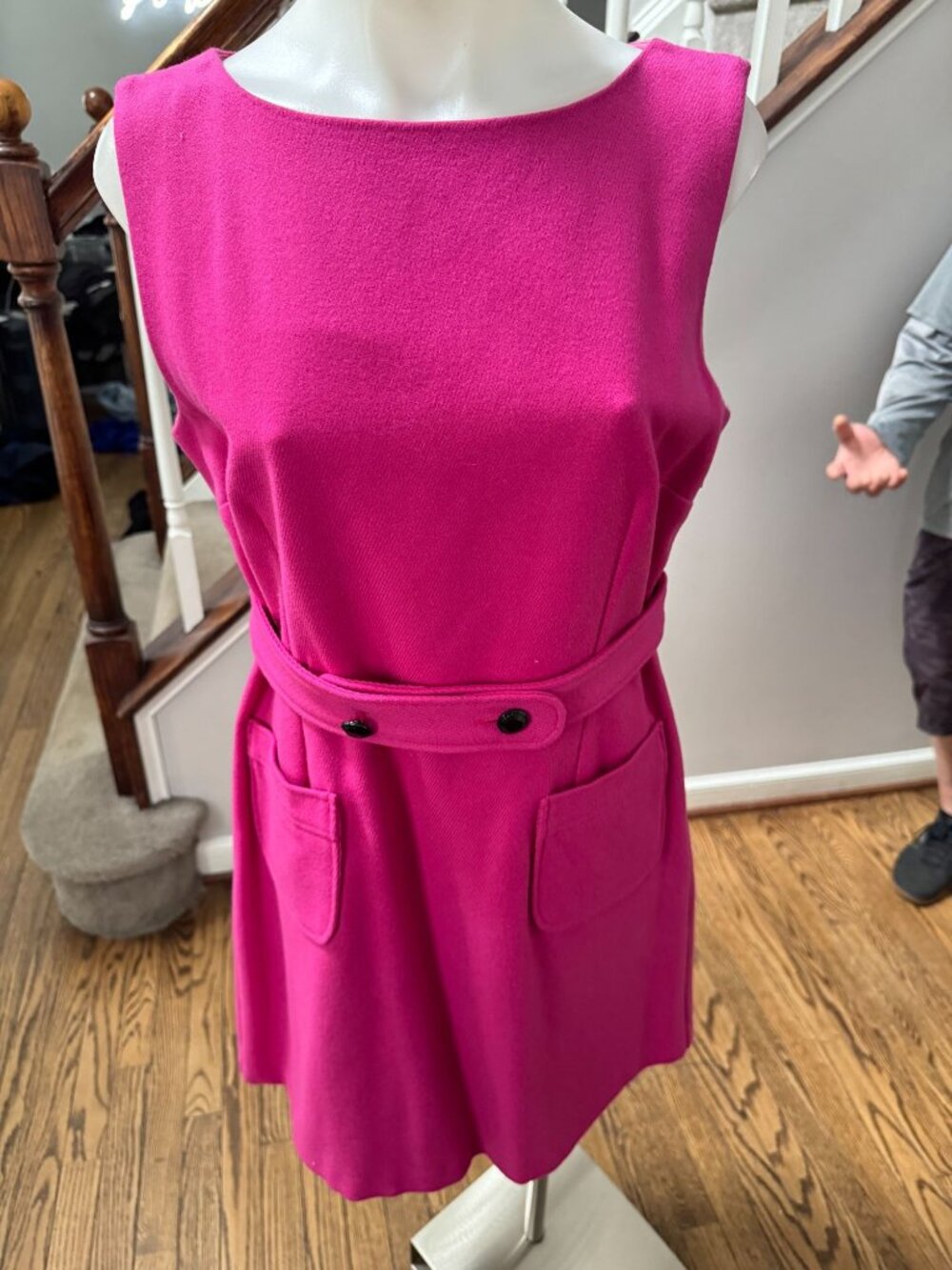 RED R.E.D. Valentino Pink Wool Pleated Button Belt Detail Mini Dress Size 44 - Picture 2 of 6
